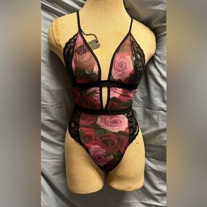 Lace and Mesh Bodysuit With Rose Print